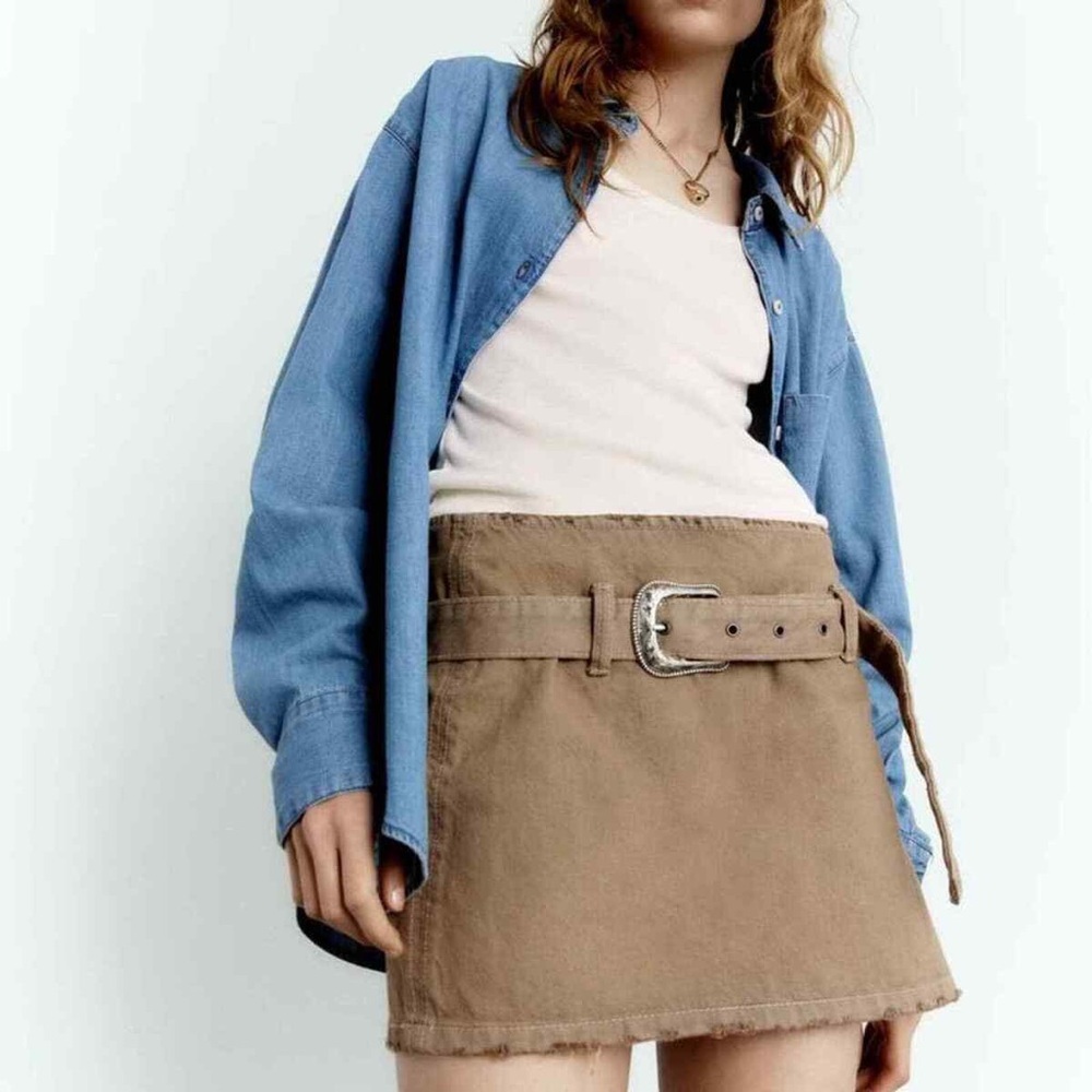 ZARA Beige Denim Western Silver Belt Mini Skirt